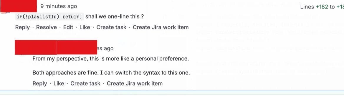 Pull request comment thread: a suggestion to one-line an early return is answered with "From my perspective, this is more like a personal preference"