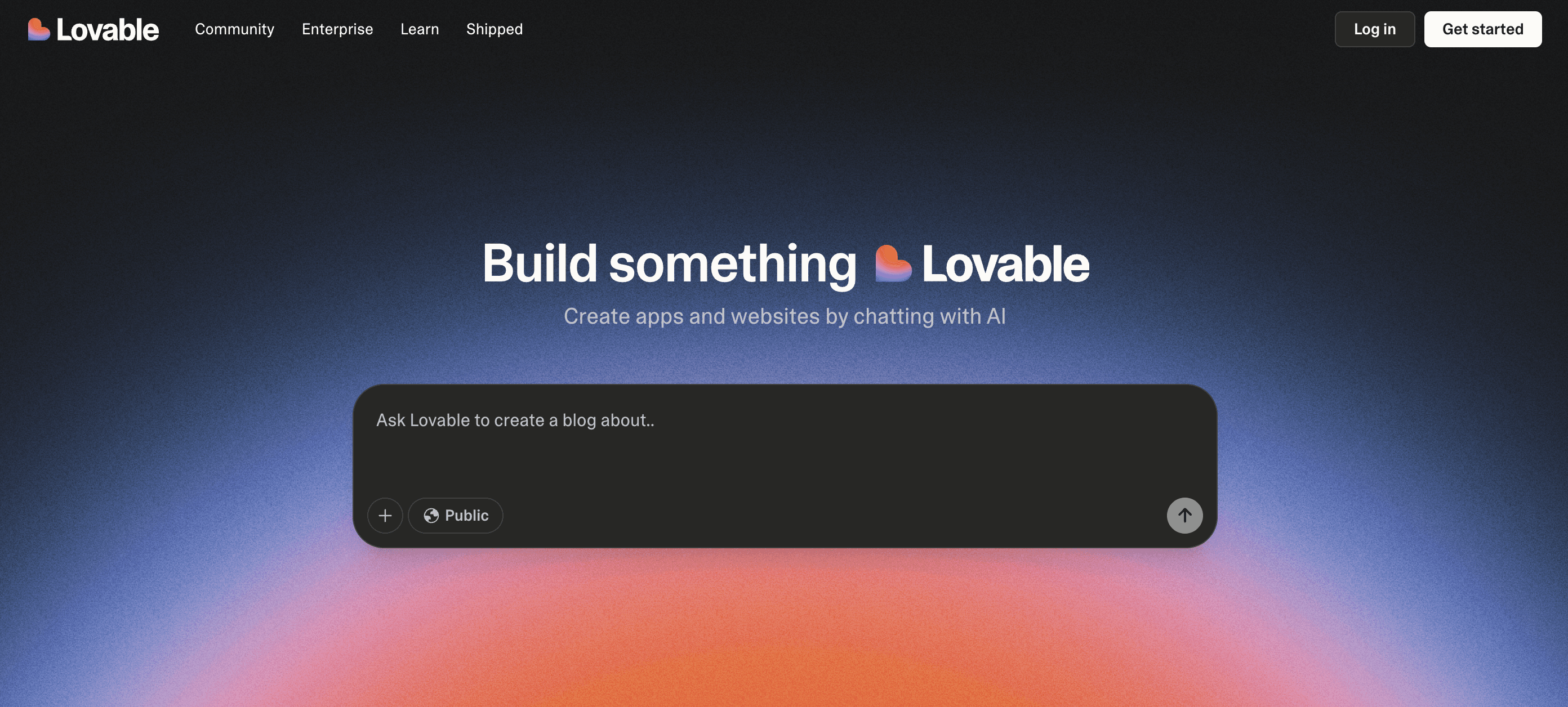The Lovable.dev prompt screen for building apps by chatting with AI