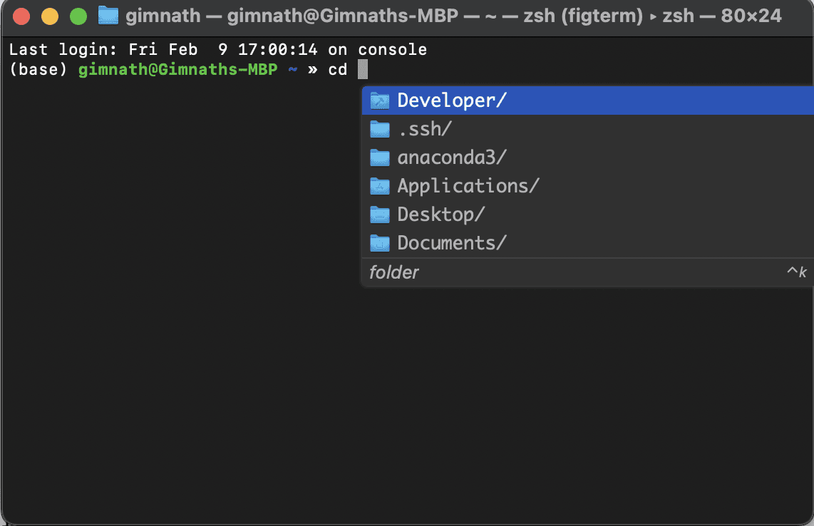 Fig showing autocomplete suggestions for a command in the terminal