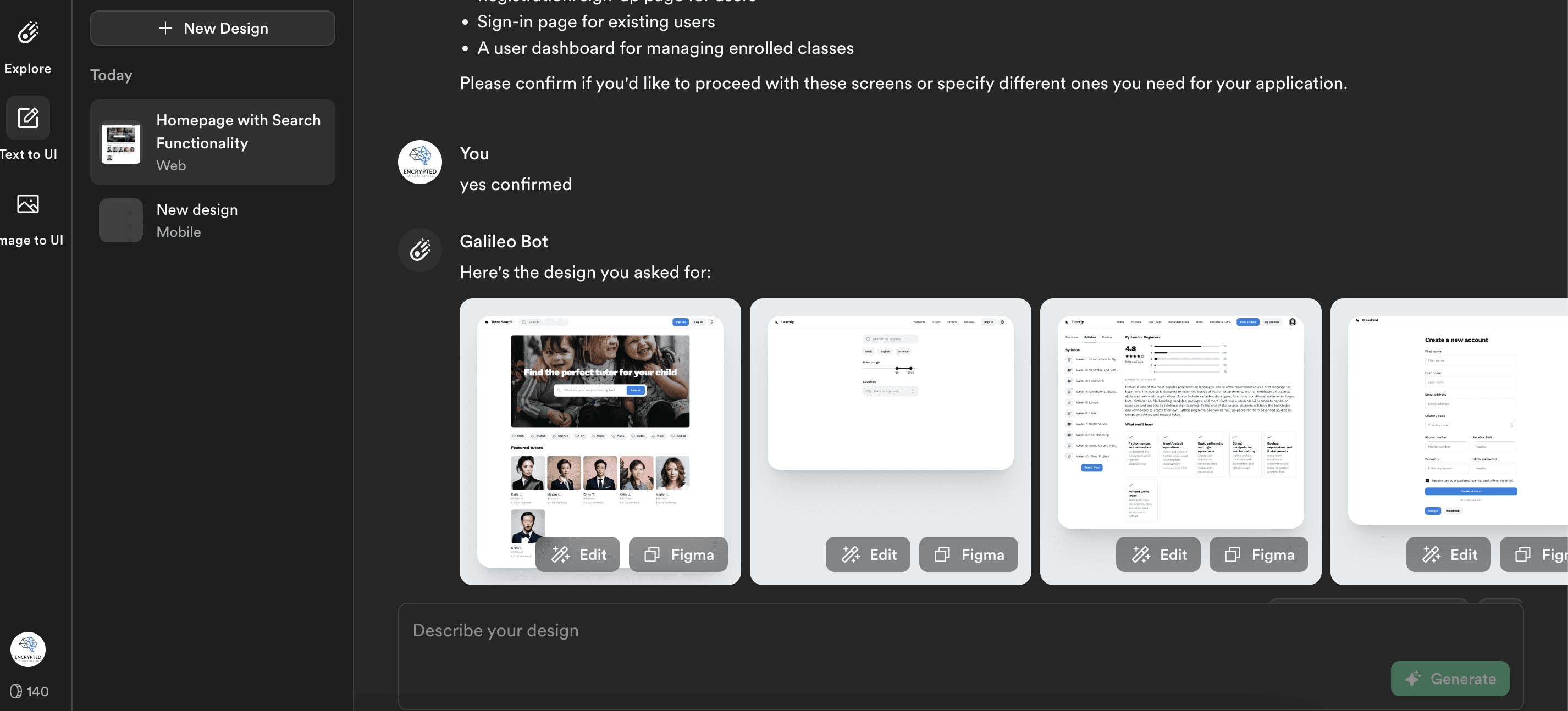 Galileo AI generating app screen designs from a text prompt