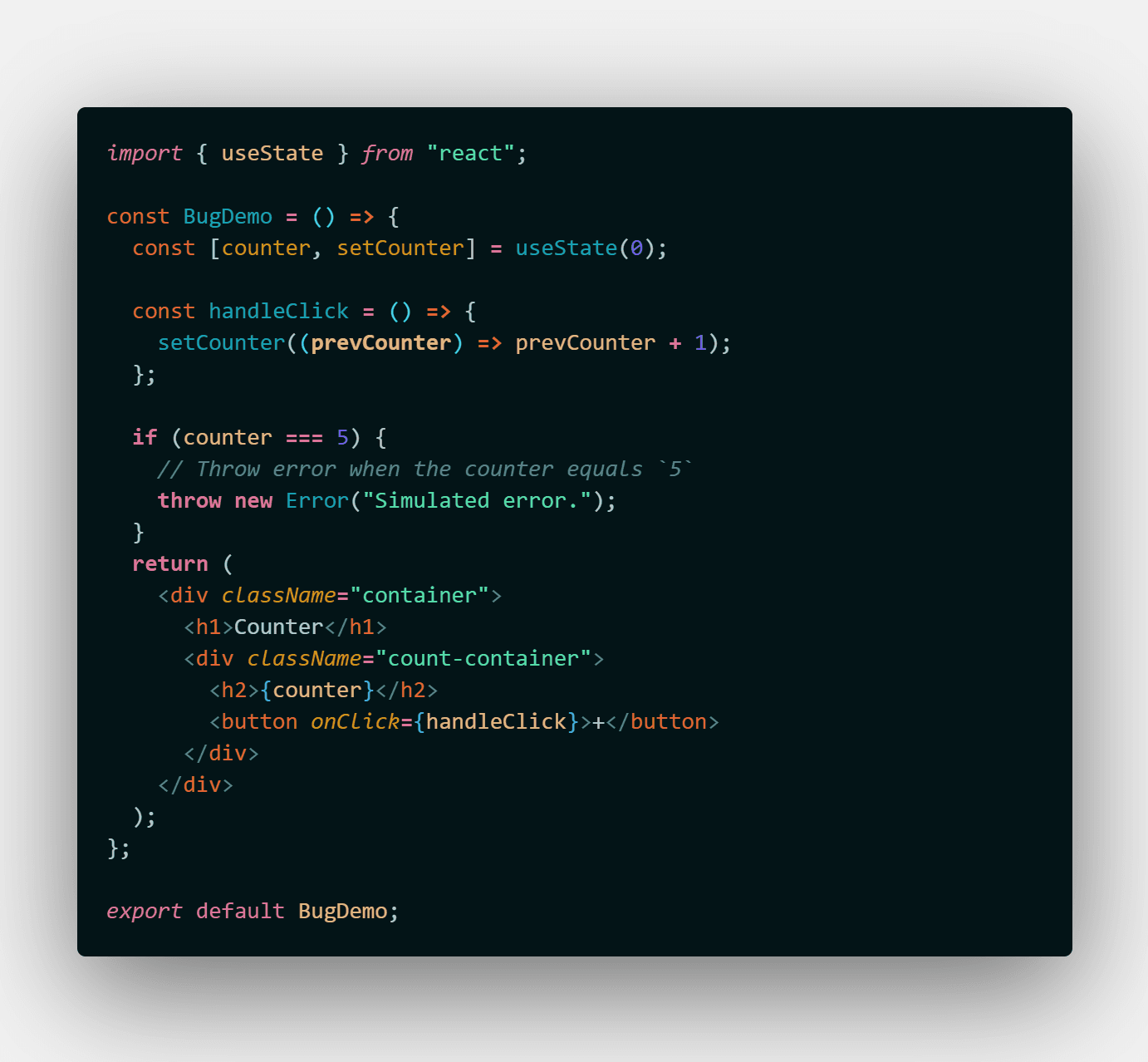 Code for the BugDemo.js counter component that simulates an error