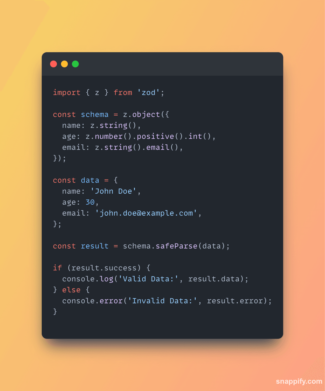 Code screenshot showing an example Zod validation schema and how data is validated against it