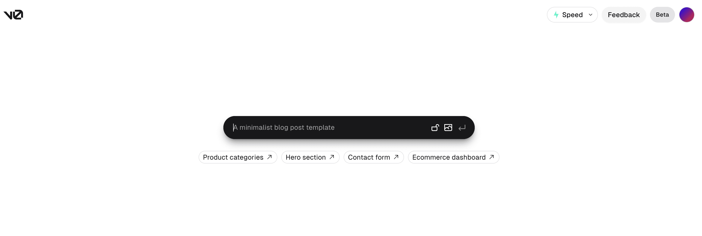 The v0.dev interface by Vercel, generating a user interface from a text prompt