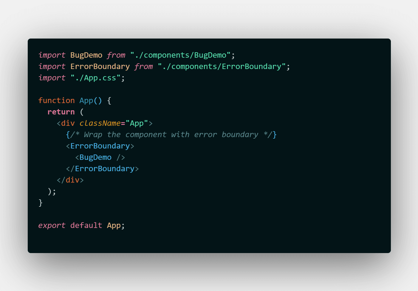 App.js wrapping the BugDemo component inside the ErrorBoundary component
