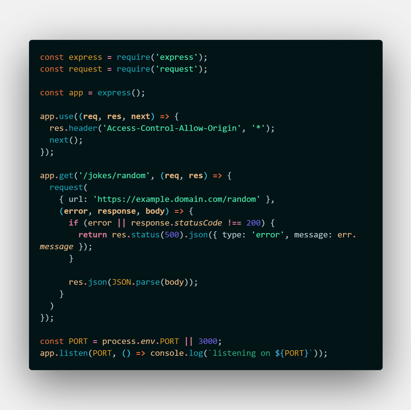 Code screenshot of a Node.js Express proxy that adds an Access-Control-Allow-Origin header and forwards a request from its /random endpoint to another server
