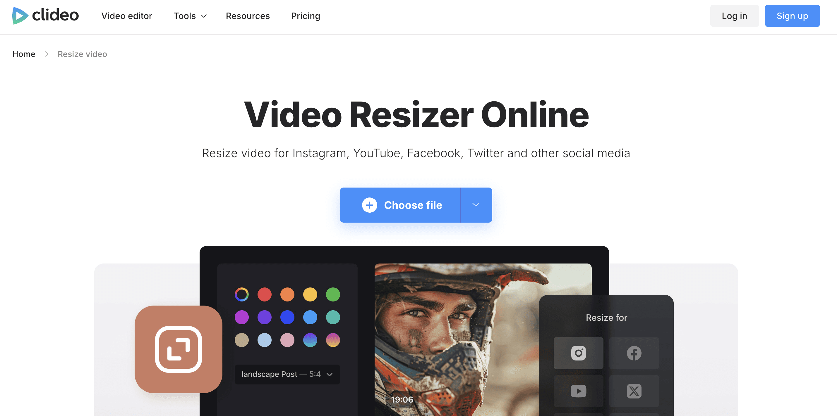 The Clideo Resize Video tool in the browser