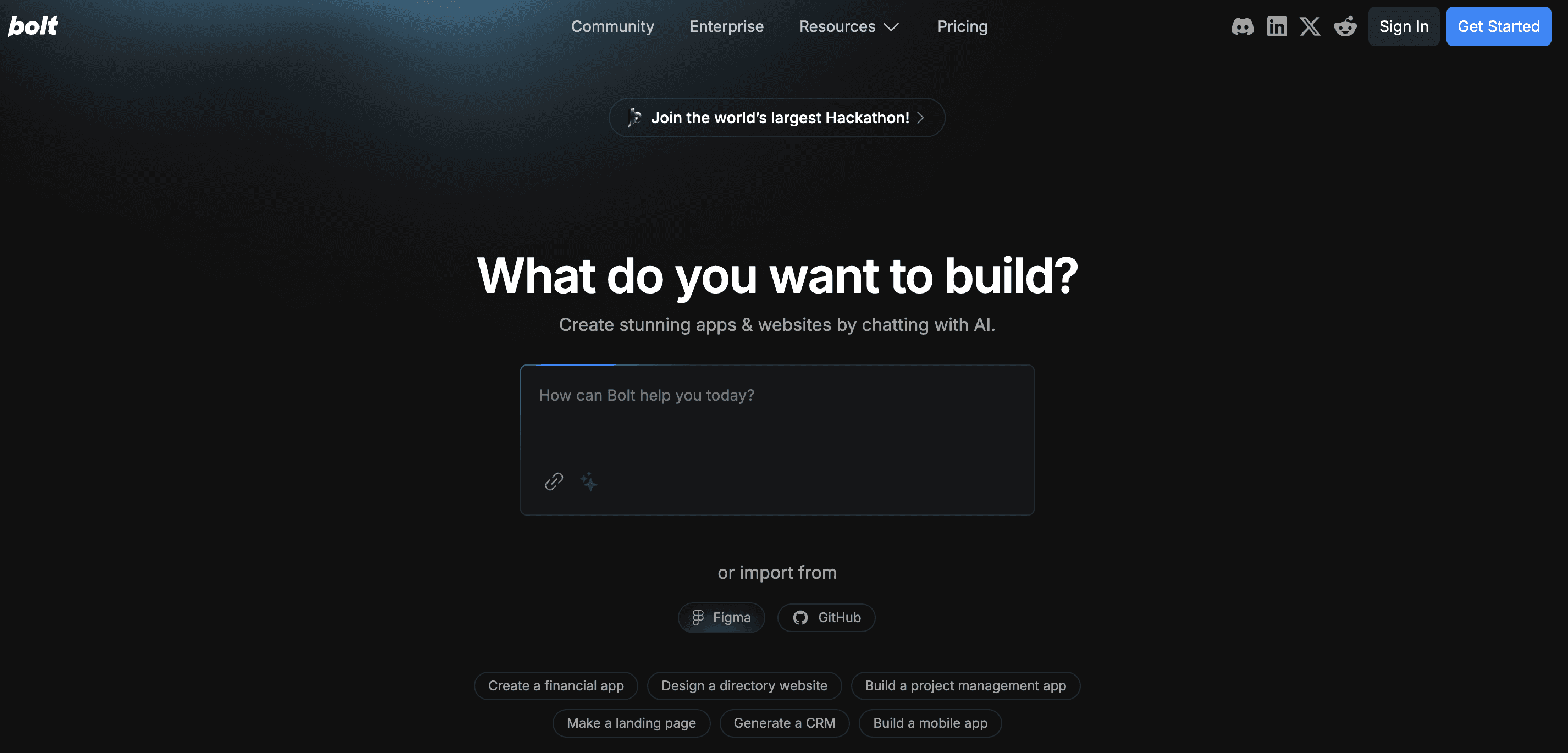 The Bolt.new prompt screen for generating apps with AI