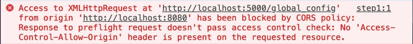 Browser developer tools console showing a red CORS policy error for a blocked API request