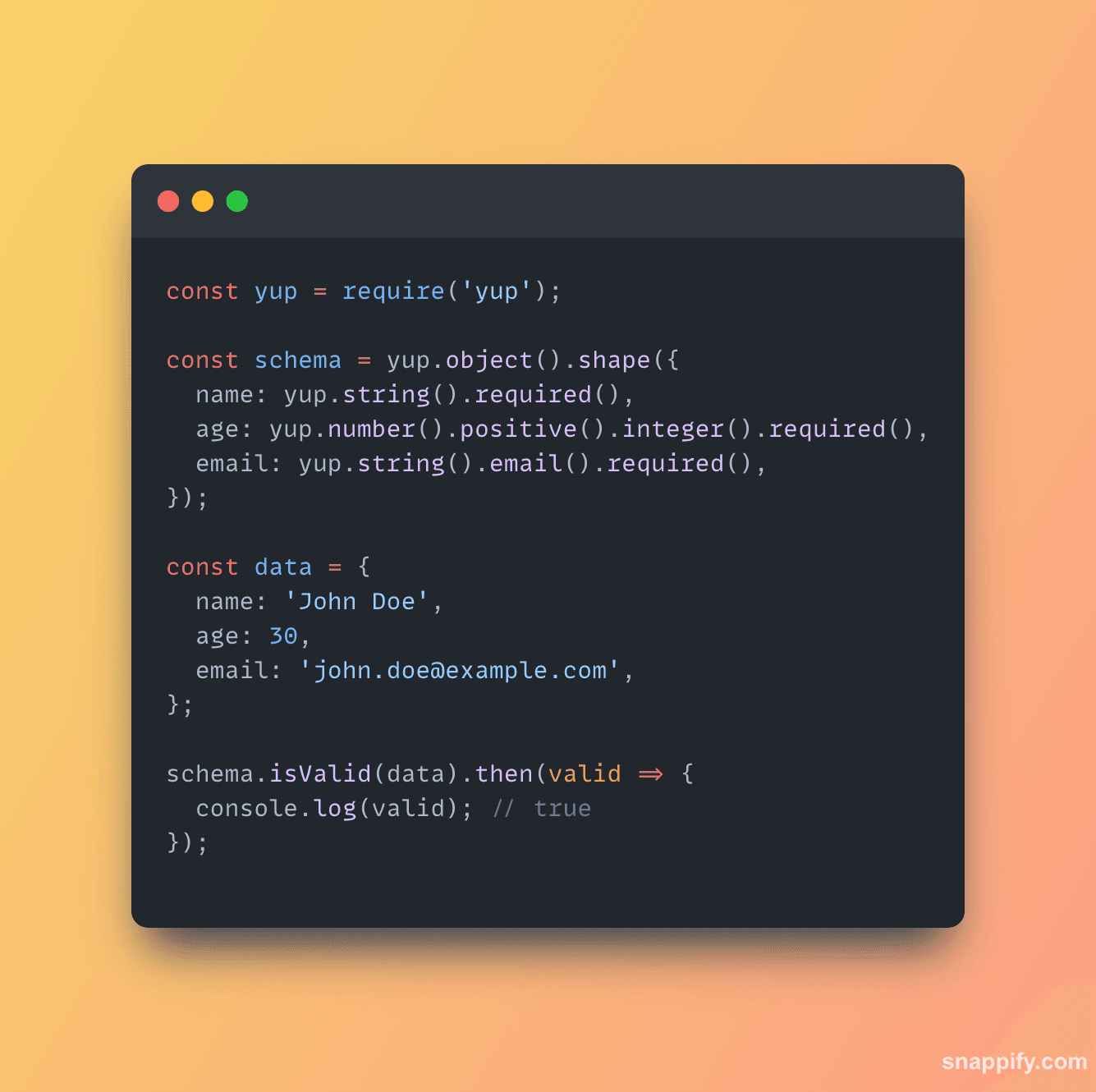 Code screenshot showing an example Yup validation schema and how data is validated against it