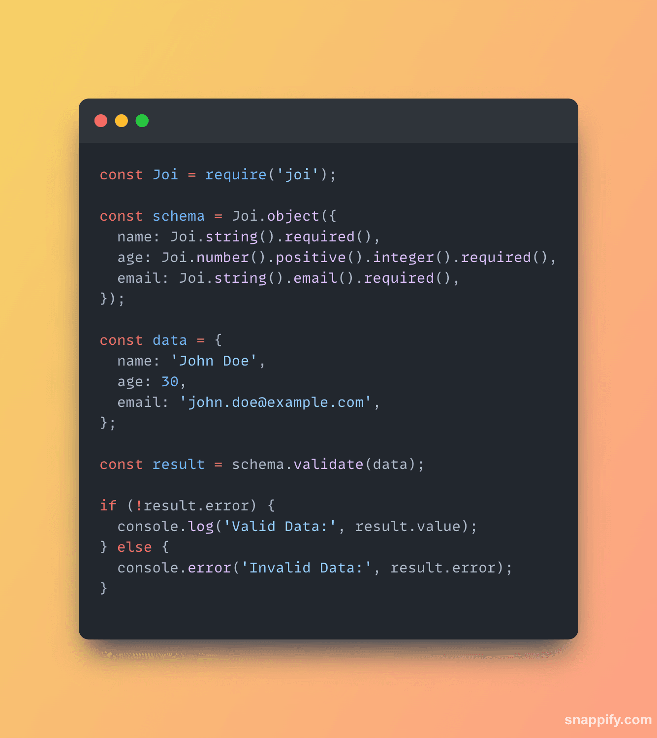 Code screenshot showing an example Joi validation schema and how data is validated against it