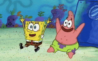 SpongeBob and Patrick running and cheering with excitement